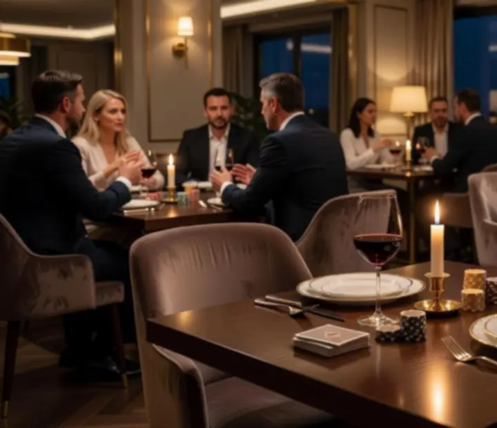 Gyertyafényes, elegáns vacsoraasztal prémium póker esttel kombinálva.