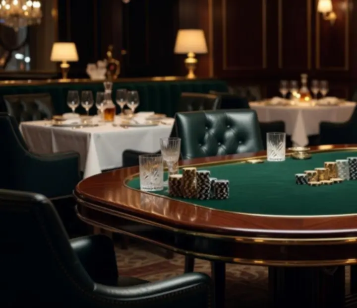 Elegáns, gyertyafényes pókerasztal és fine dining teríték egy magyarországi étteremben.