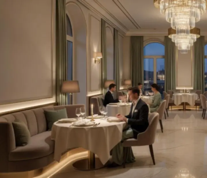 Cinematic prémium étterem, elegáns terítéssel és gyertyafényes asztalokkal