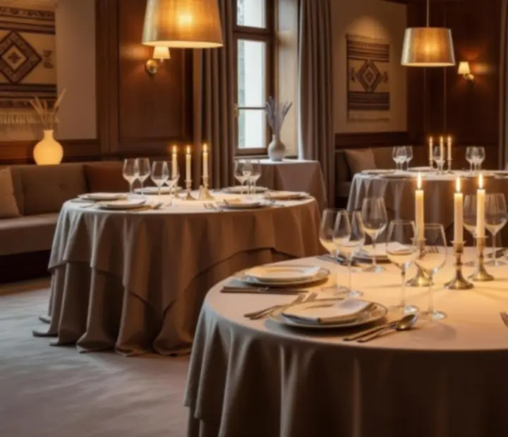 Elegáns VIP vacsoraest hangulatos, gyertyafényes éttermi belsővel.